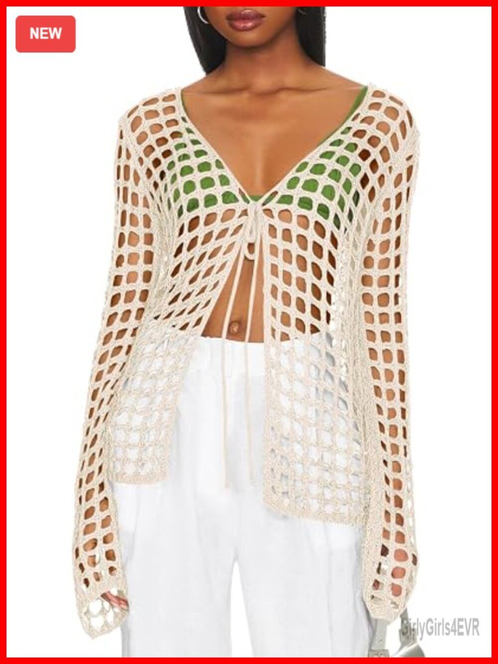 Long Sleeve Crochet Hollow Out Tie Front Swimsuit Coverup Cardigan